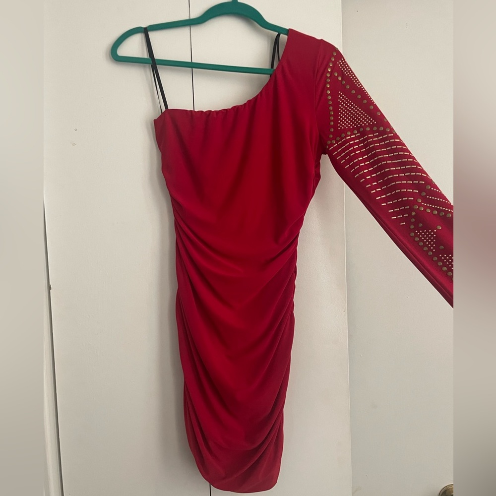 Red and Gold One Shoulder Dress